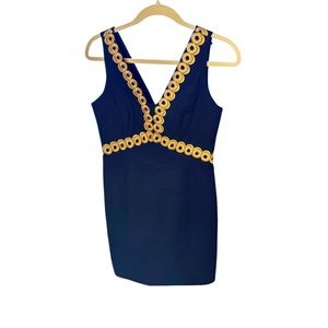 LILY PULITZER ESME Navy Sleeveless Sheath with Gold Embroidery, size 2